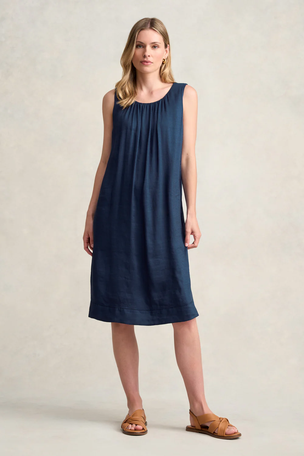 Linen Silk Midi Dress - Navy - Skullriy