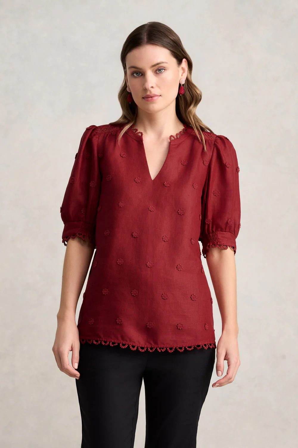 Lace Trim Linen Top  C Crimson - Skullriy