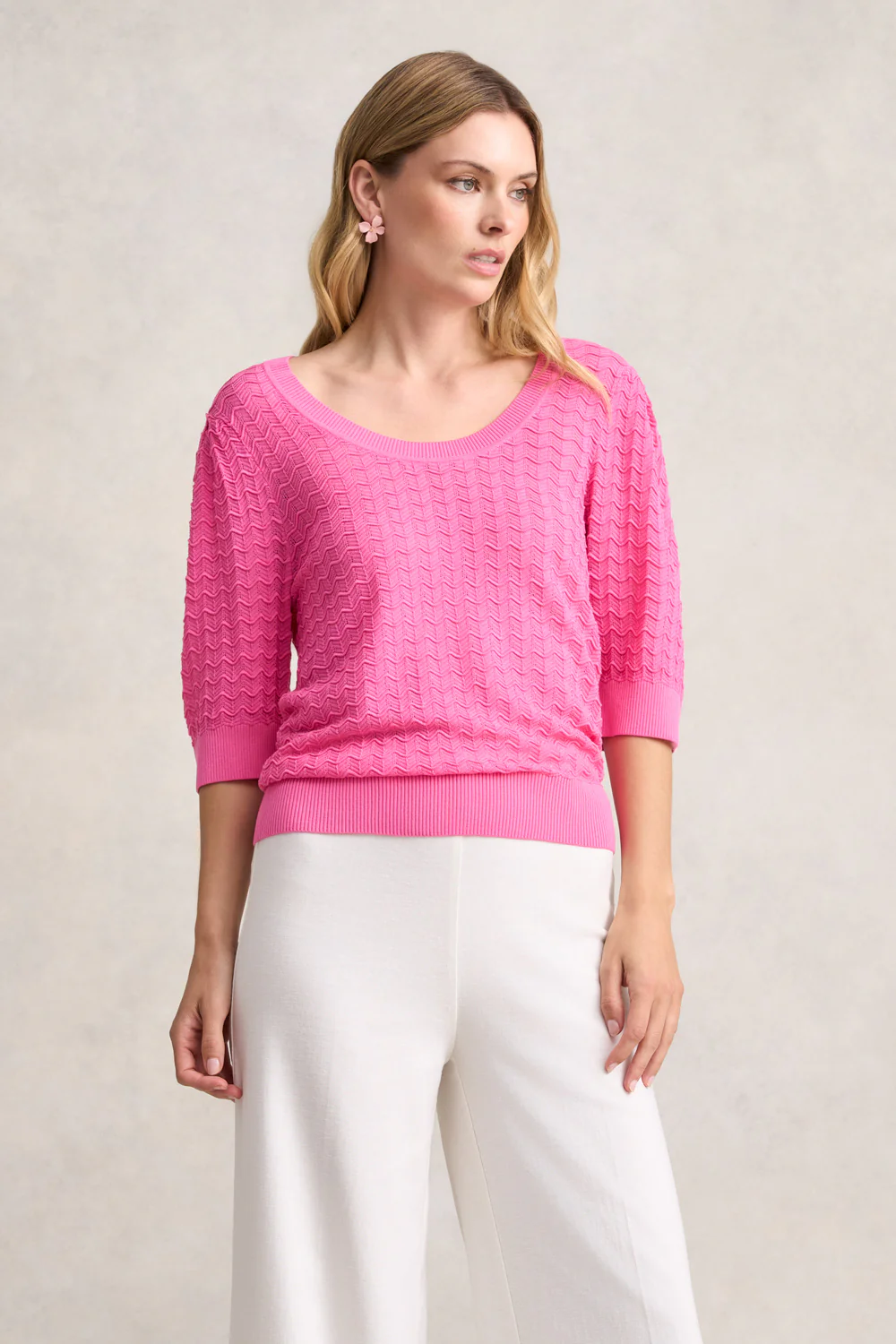 Short Sleeve Textured Knit - Vivid Pink - Skullriy