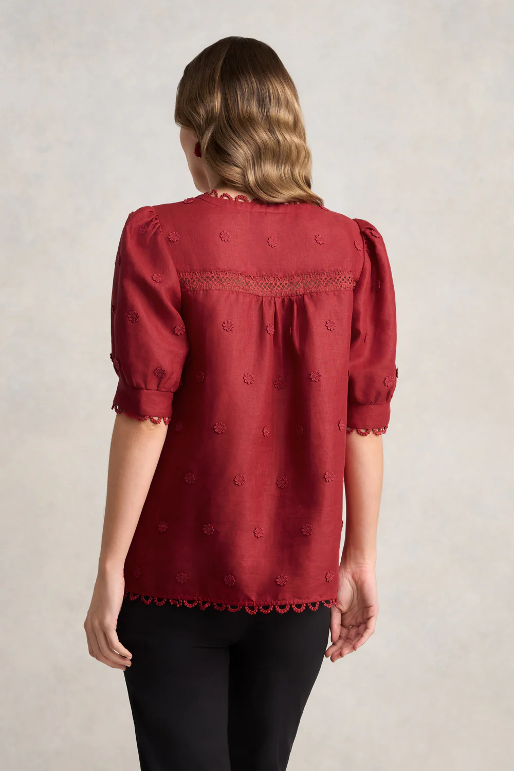 Lace Trim Linen Top  C Crimson - Skullriy