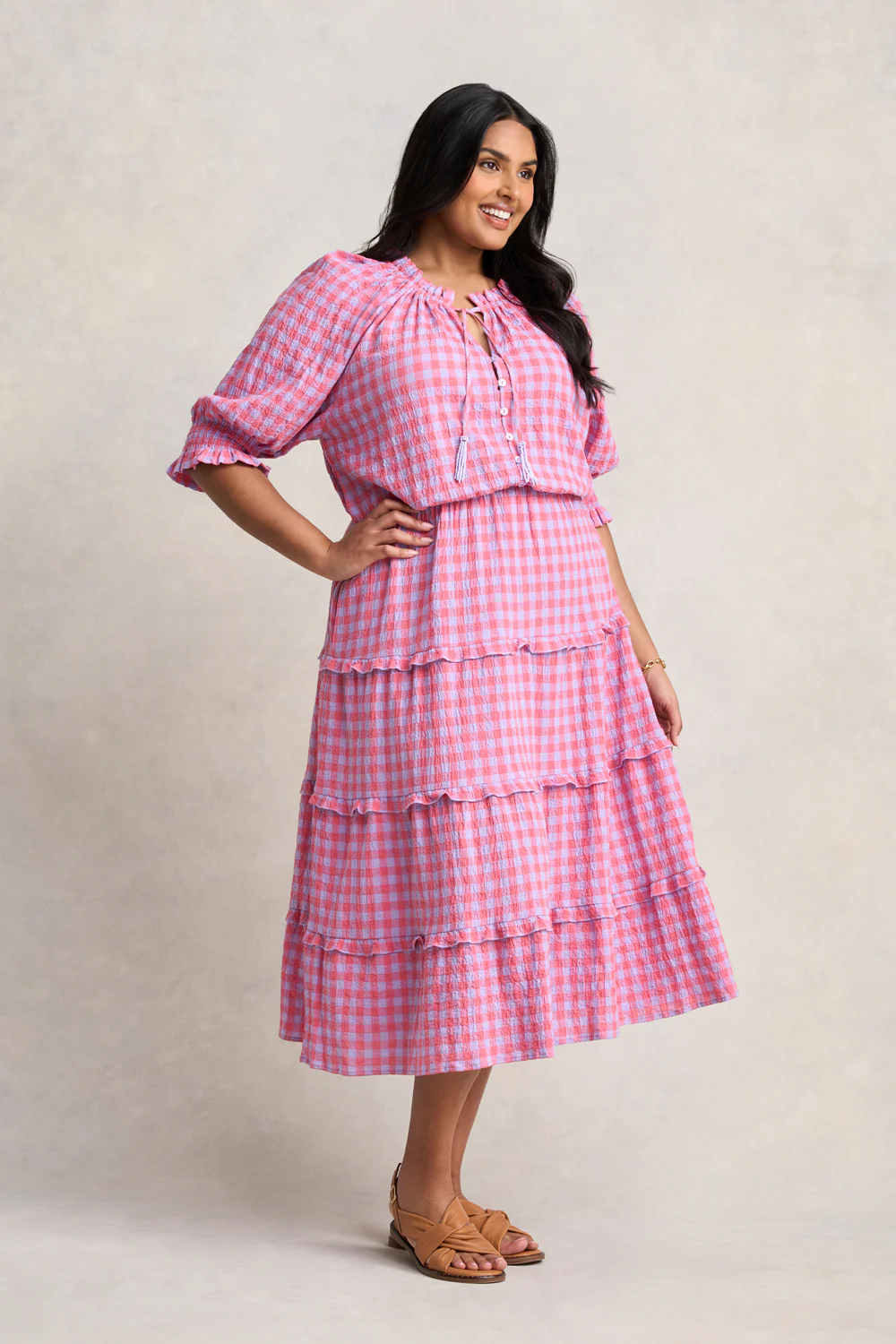 Cotton Gingham Tiered Dress - Lilac & Coral Gingham - Skullriy