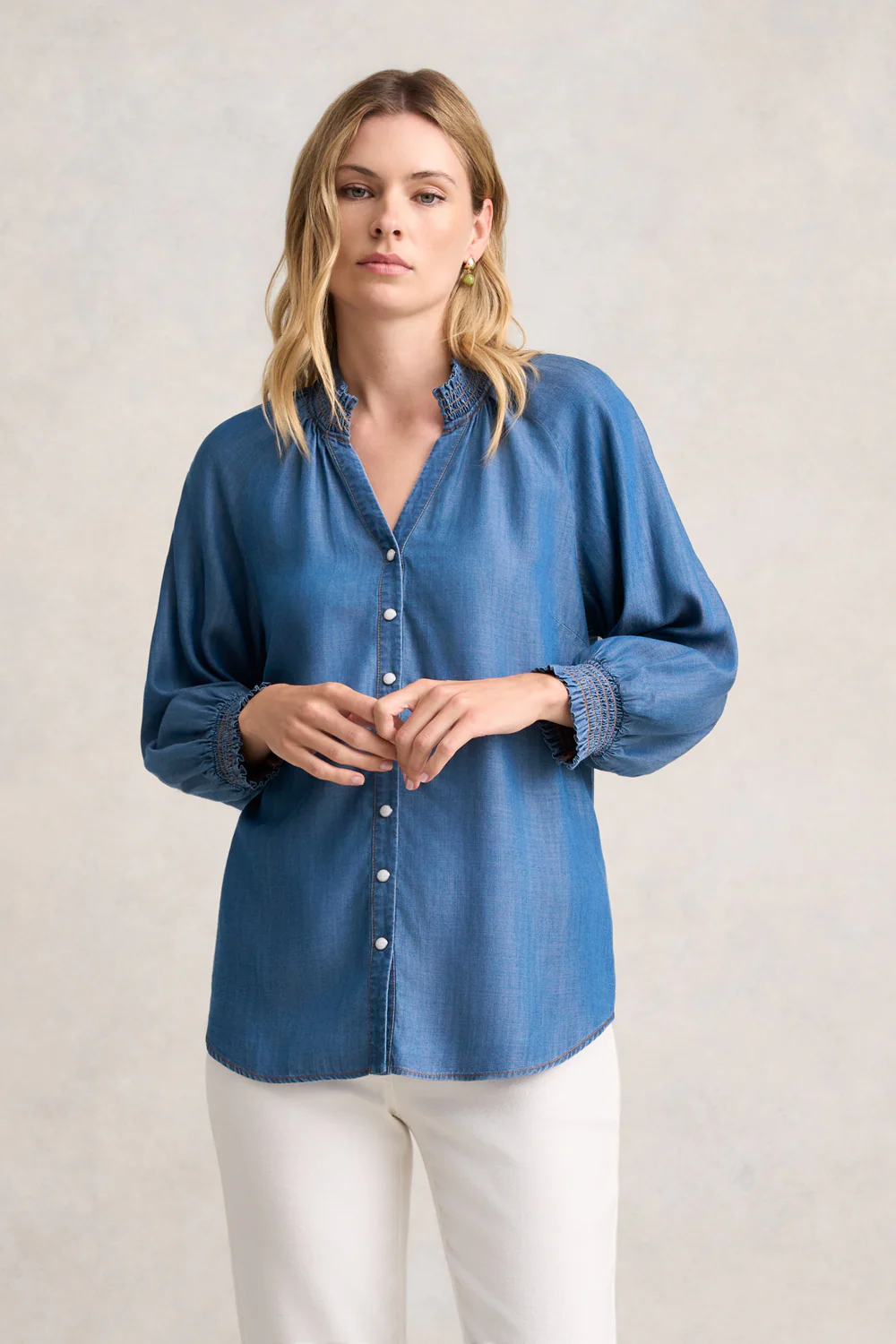 3/4 Sleeve Chambray Shirt - Denim Chambray - Skullriy