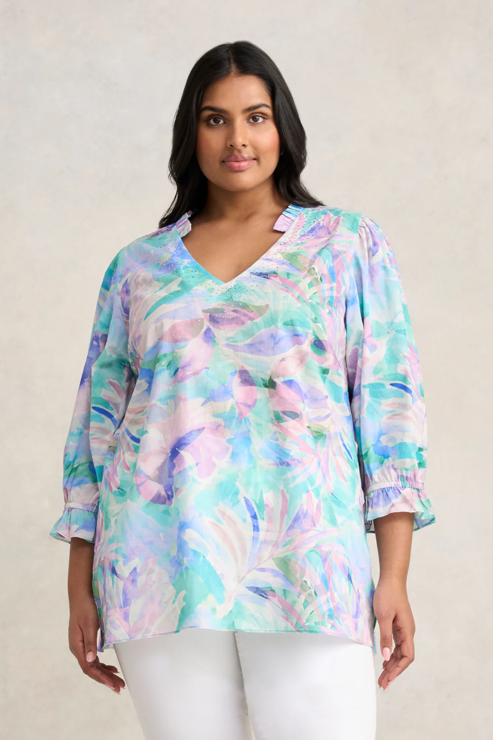 Embellished Cotton Kaftan - Watercolour Palm - Skullriy
