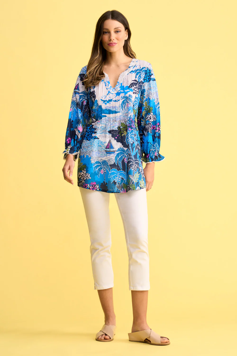 Pleated Cotton Blouse - Corsica Scenic Print - Skullriy