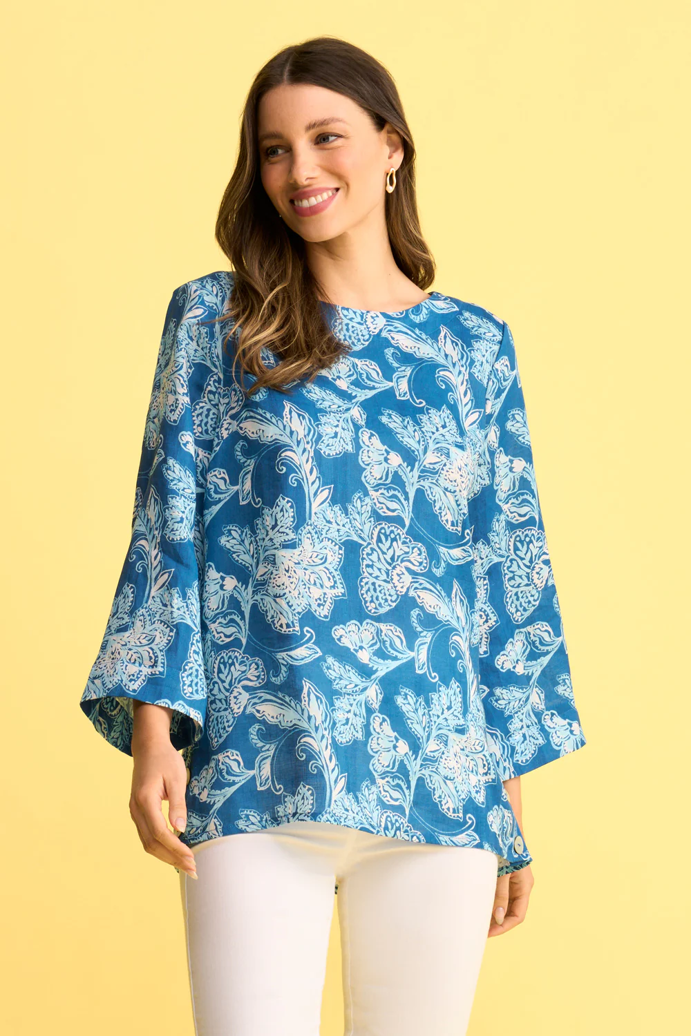 French Linen Button Detail Top - Blue Print - Skullriy