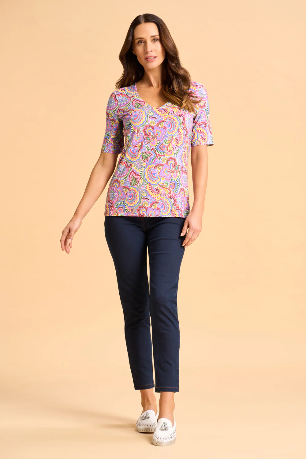 1/2 Sleeve V-Neck Tee - Multi Chintz Print - Skullriy