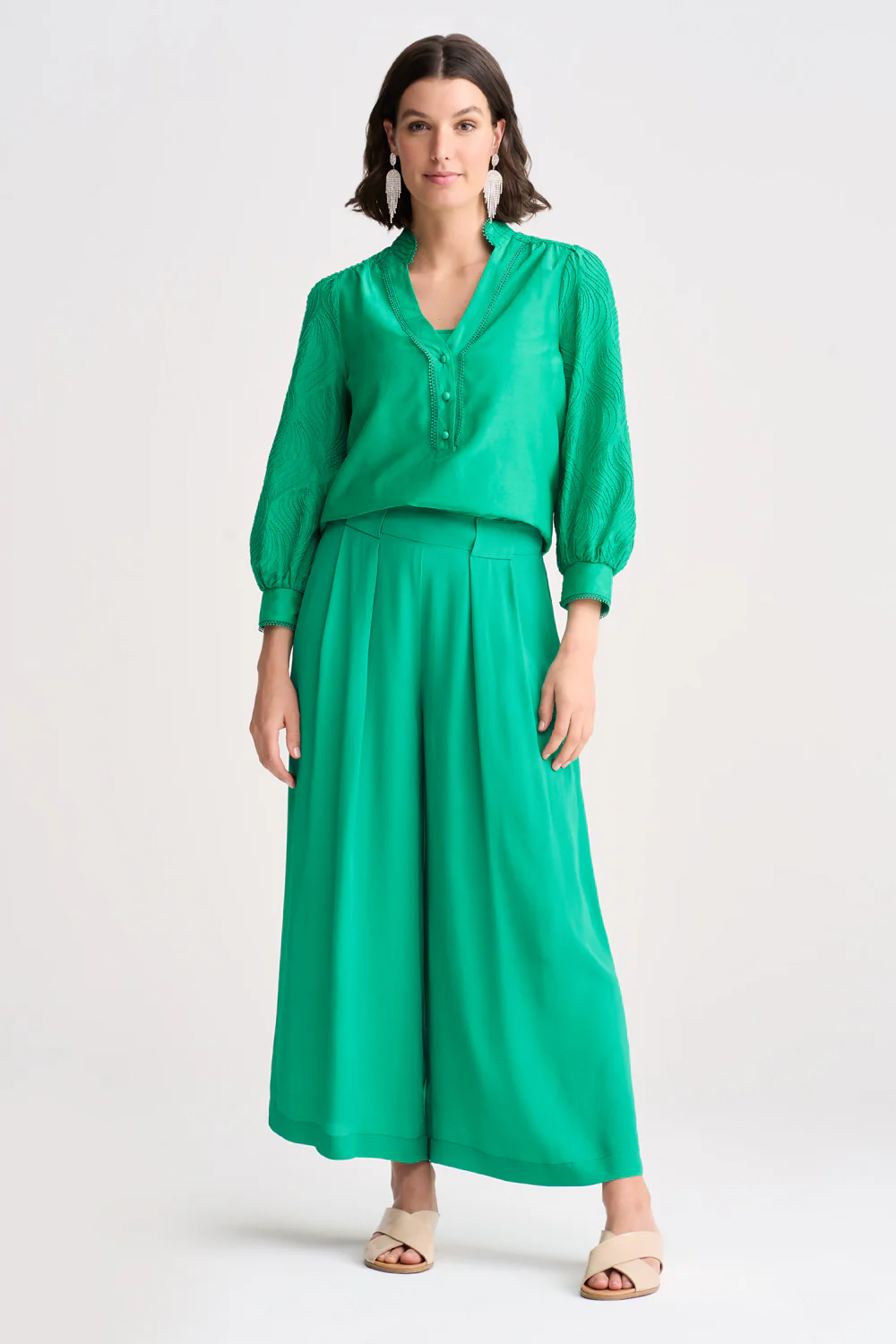 Pleated Wide Leg Pant - Kelly Green - Skullriy