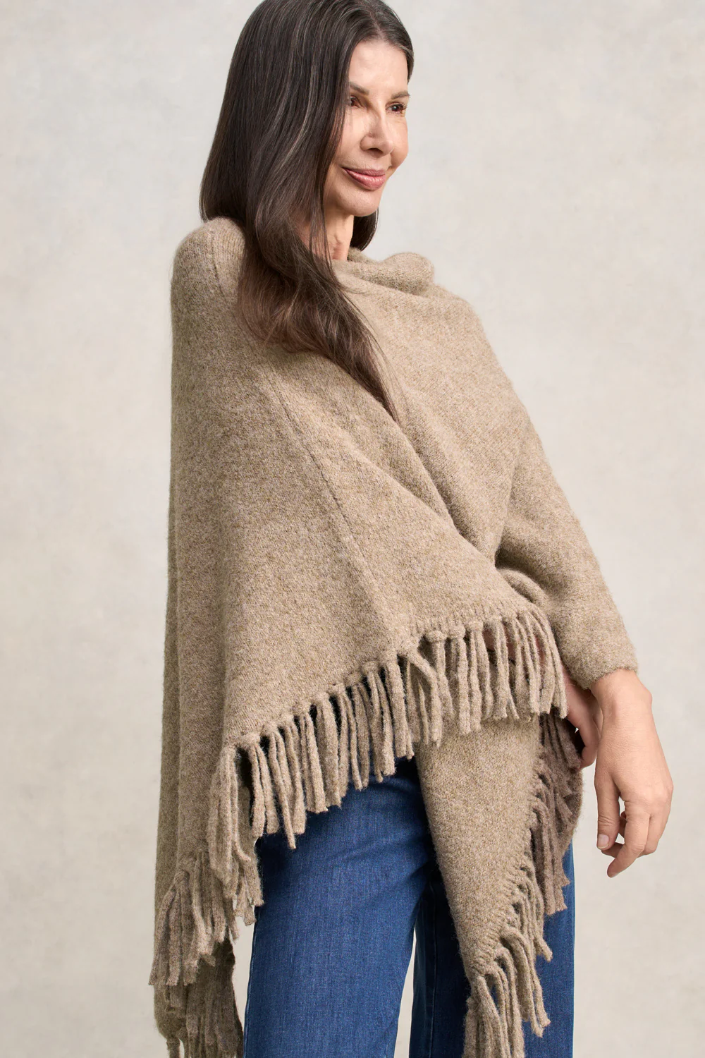 Wool Blend Tassel Trim Poncho - Taupe Marle - Skullriy