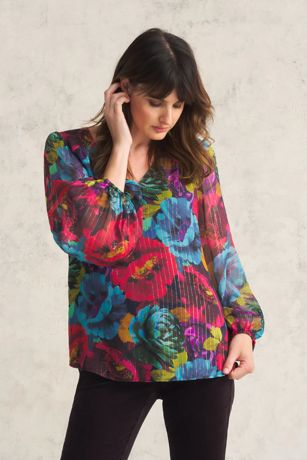 Printed Lurex Stripe Blouse - Oversized Floral - Skullriy