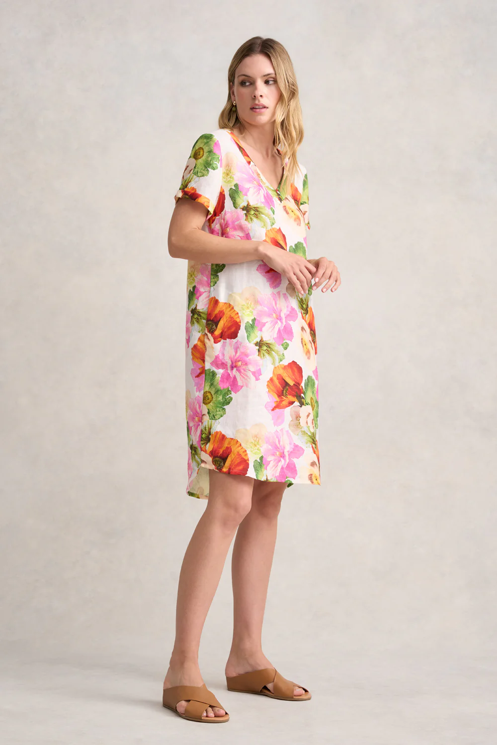 V-Neck Linen Dress - Multi Floral - Skullriy