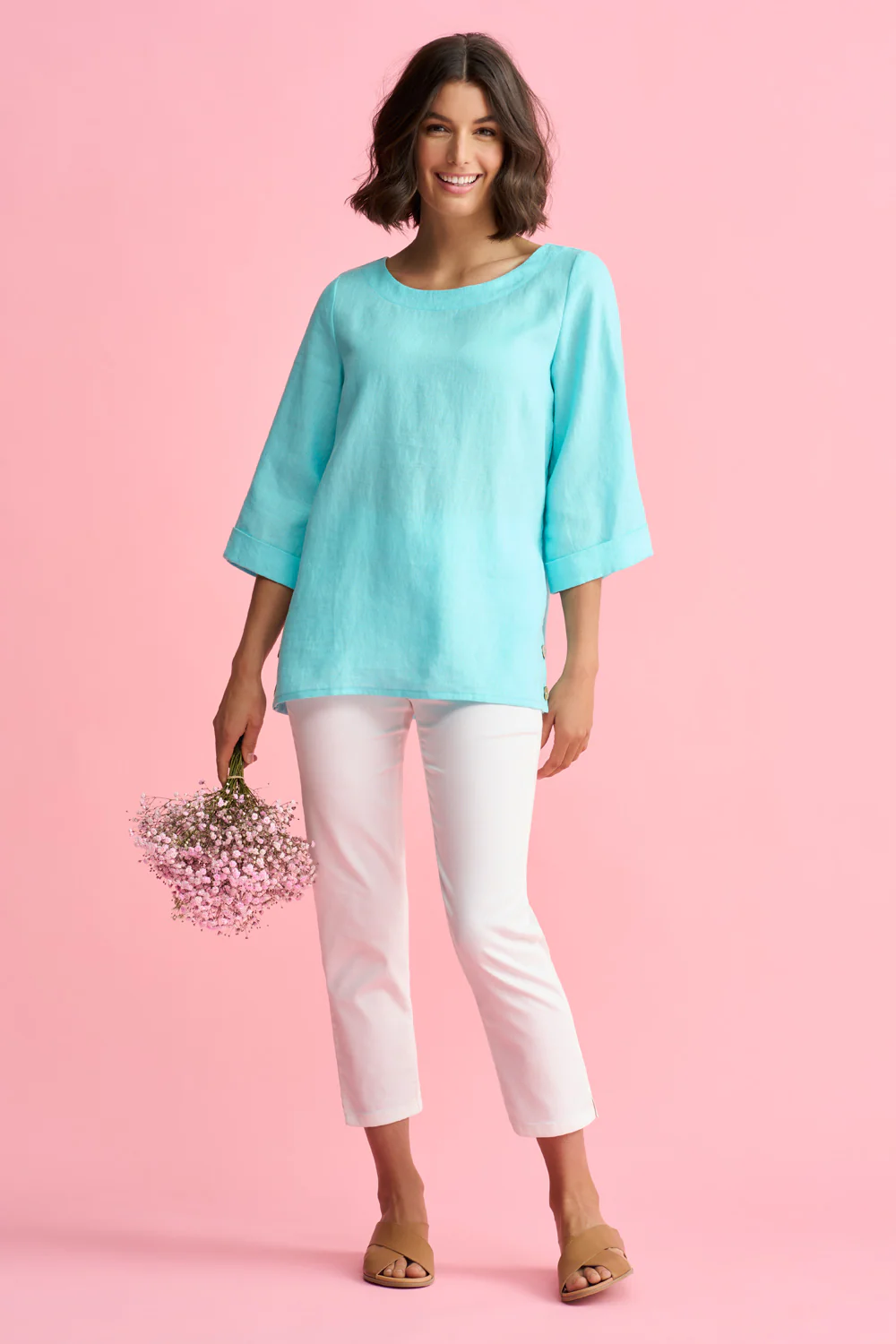 French Linen Button Detail Top - Aqua - Skullriy