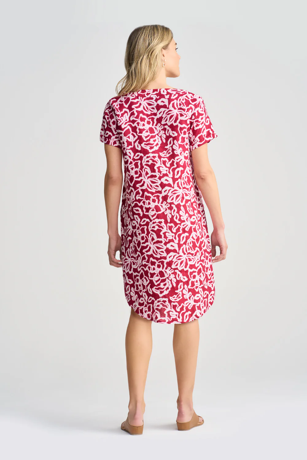 V-Neck Linen Dress - Pink & White Floral - Skullriy