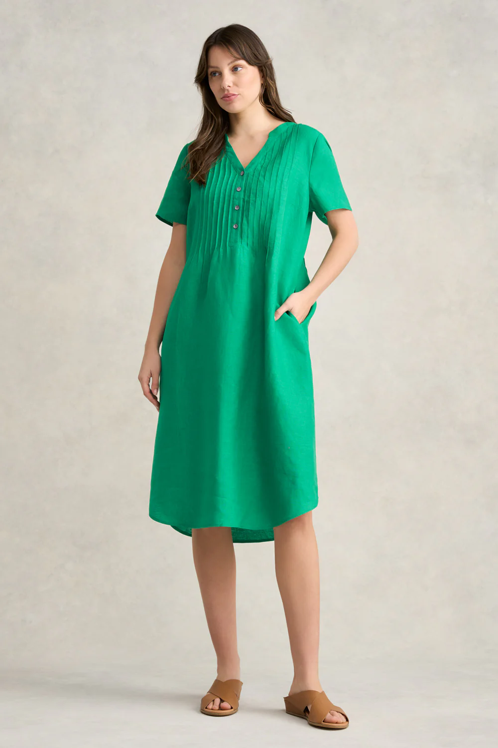 Pleated Front French Linen Dress - Vibrant Green - Skullriy