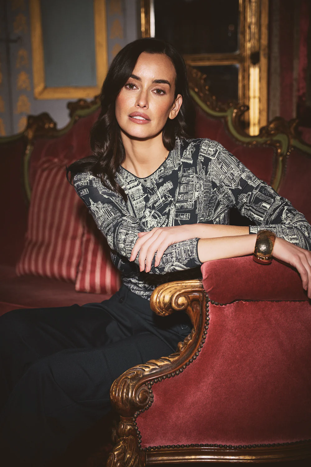 Long Sleeve Crew Neck Top - Ink France Capital Print - Skullriy