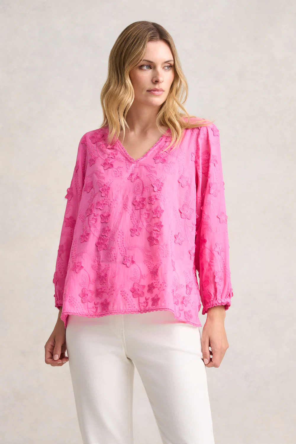 Lace Trim Embroidered Top - Vivid Pink - Skullriy