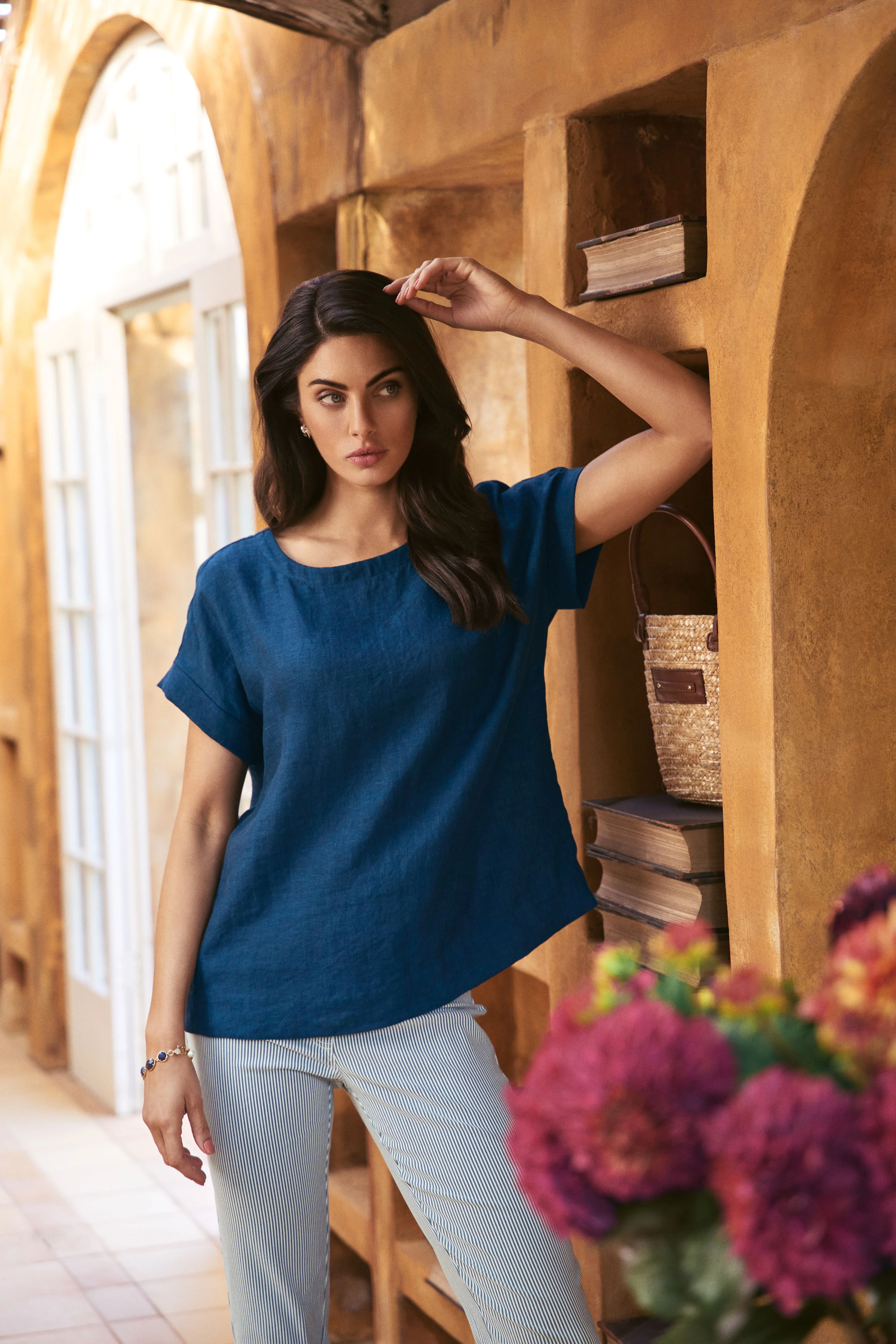 Linen Button Back Top - Navy Delave - Skullriy