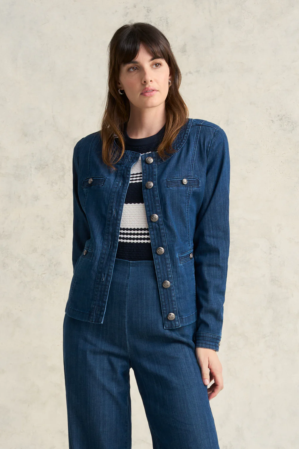 Stitch Detail Denim Jacket - Mid Blue Denim - Skullriy