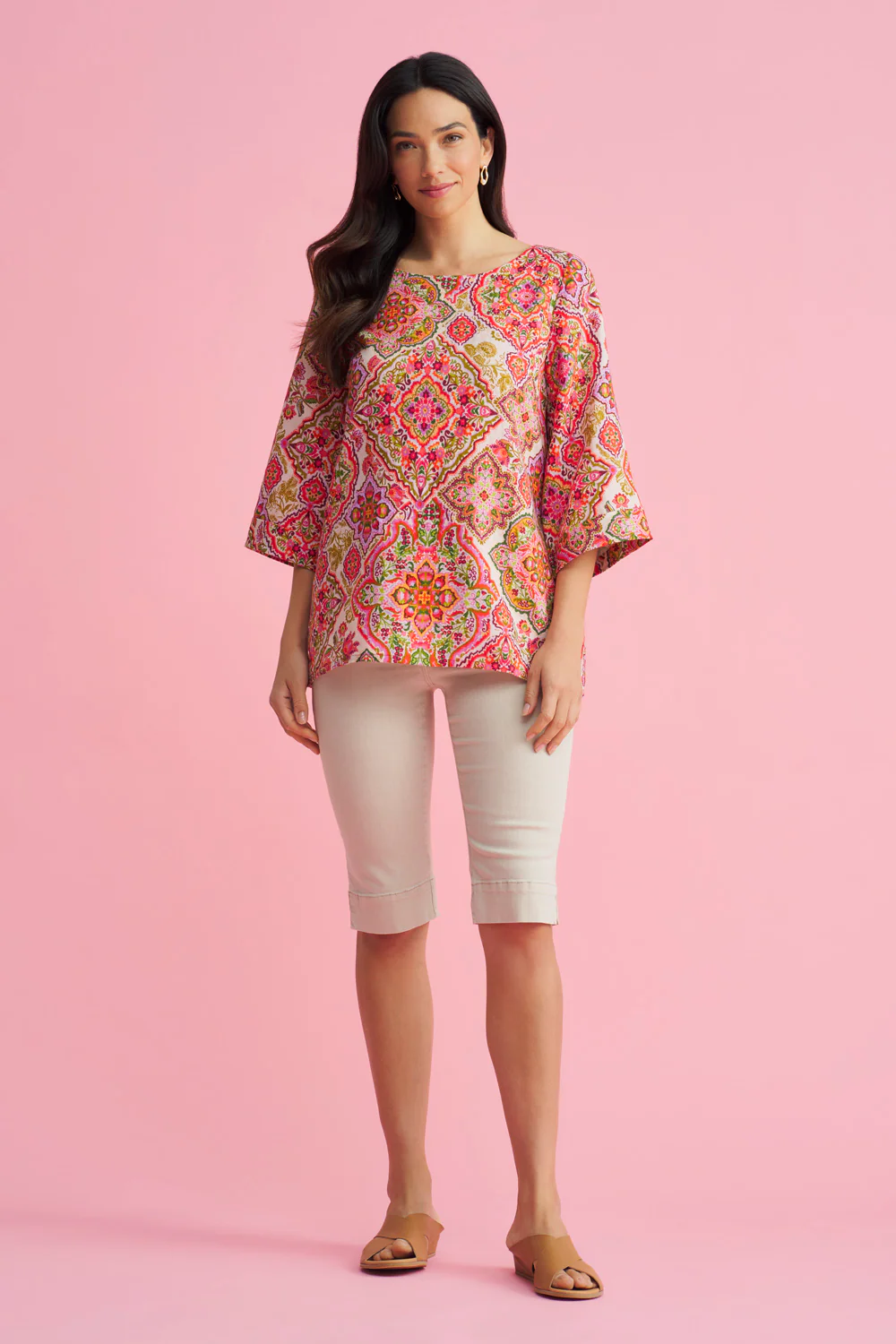 French Linen Button Detail Top - Pink Tile Print - Skullriy