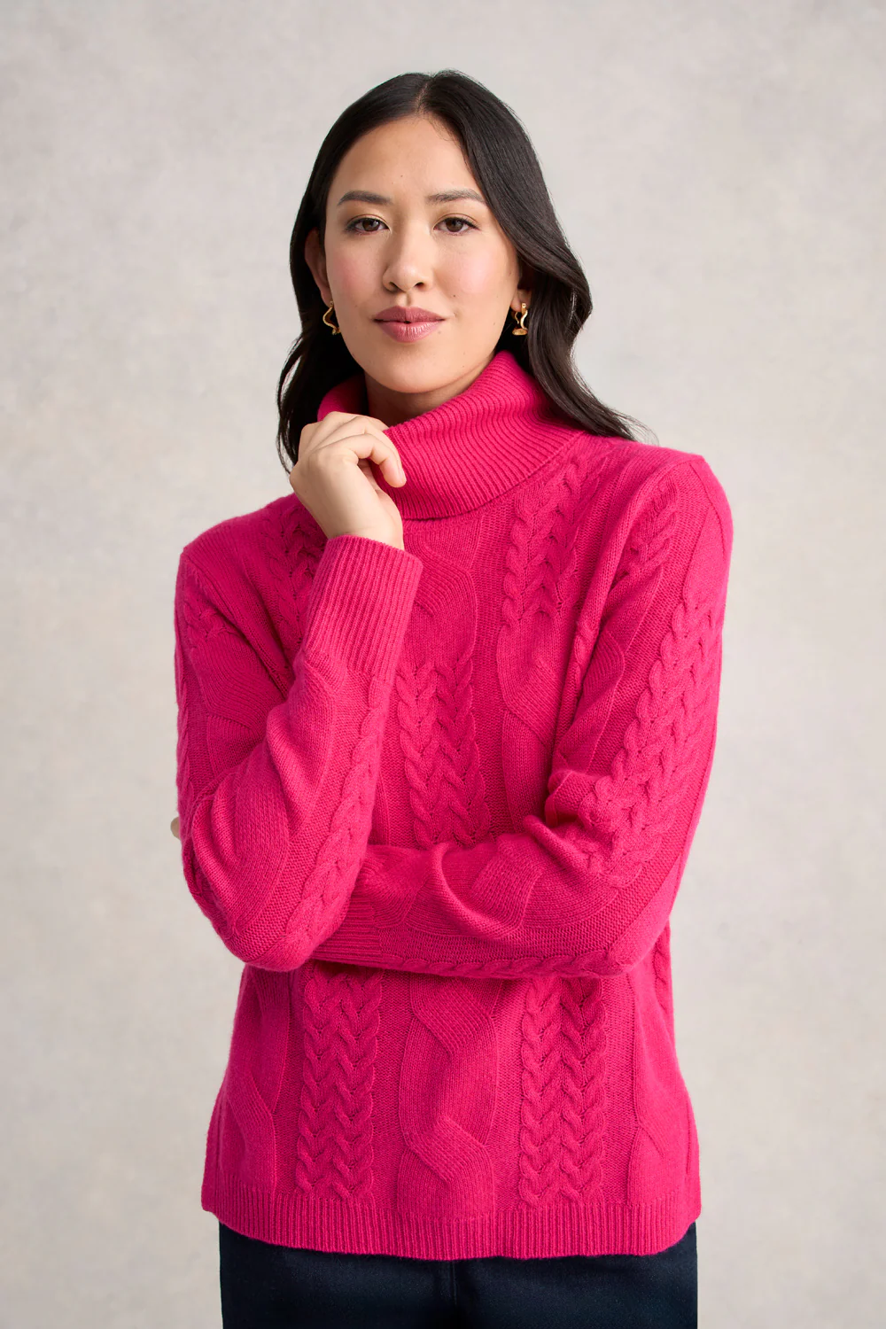 Roll Neck Cable Knit - Hot Pink - Skullriy