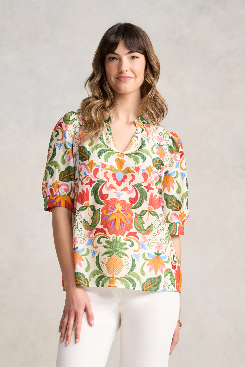 Ruffle Collar Blouse - Tropical Tambour - Skullriy