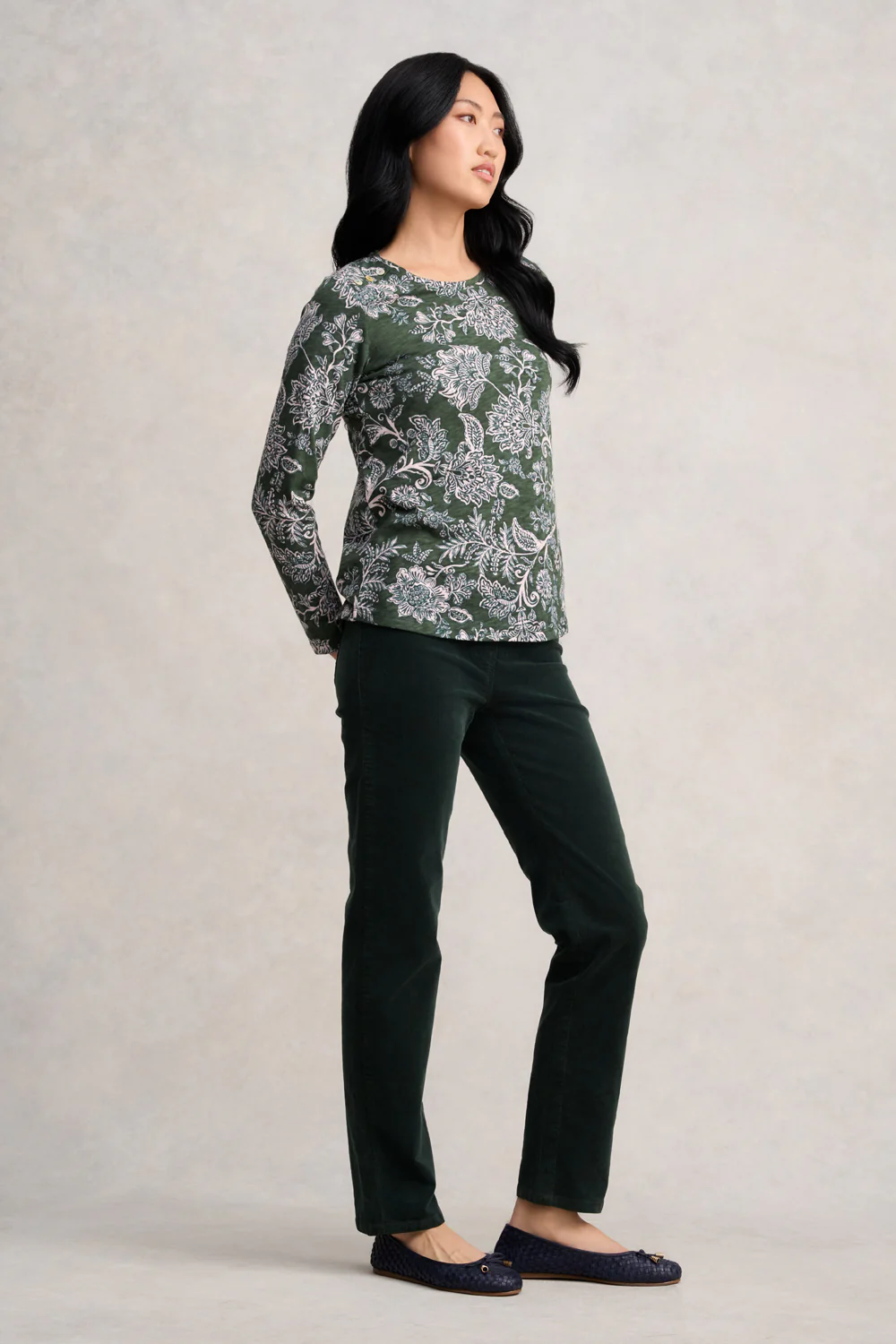 Long Sleeve Button Detail T-Shirt - Forest Green Paisley - Skullriy