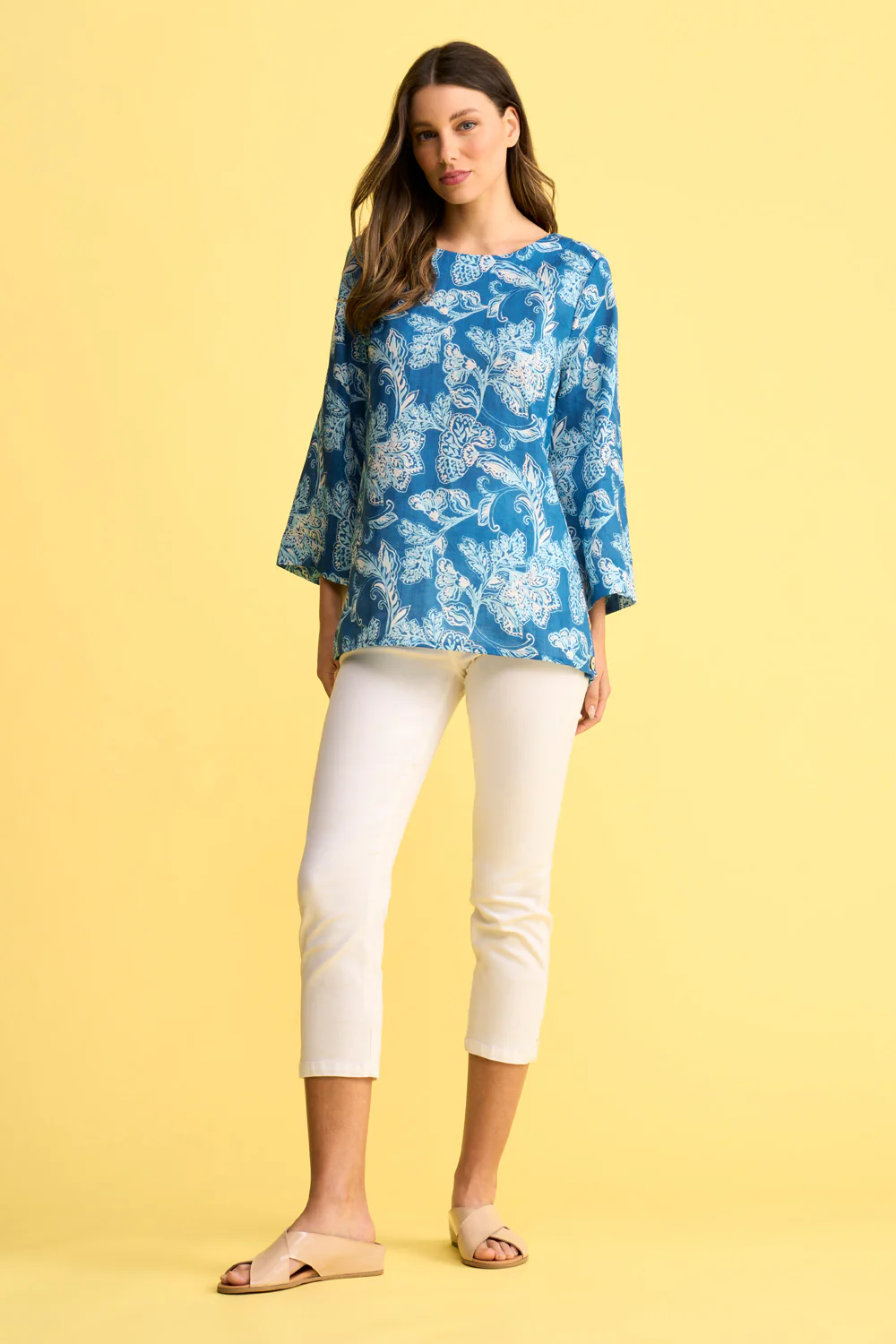 French Linen Button Detail Top - Blue Print - Skullriy