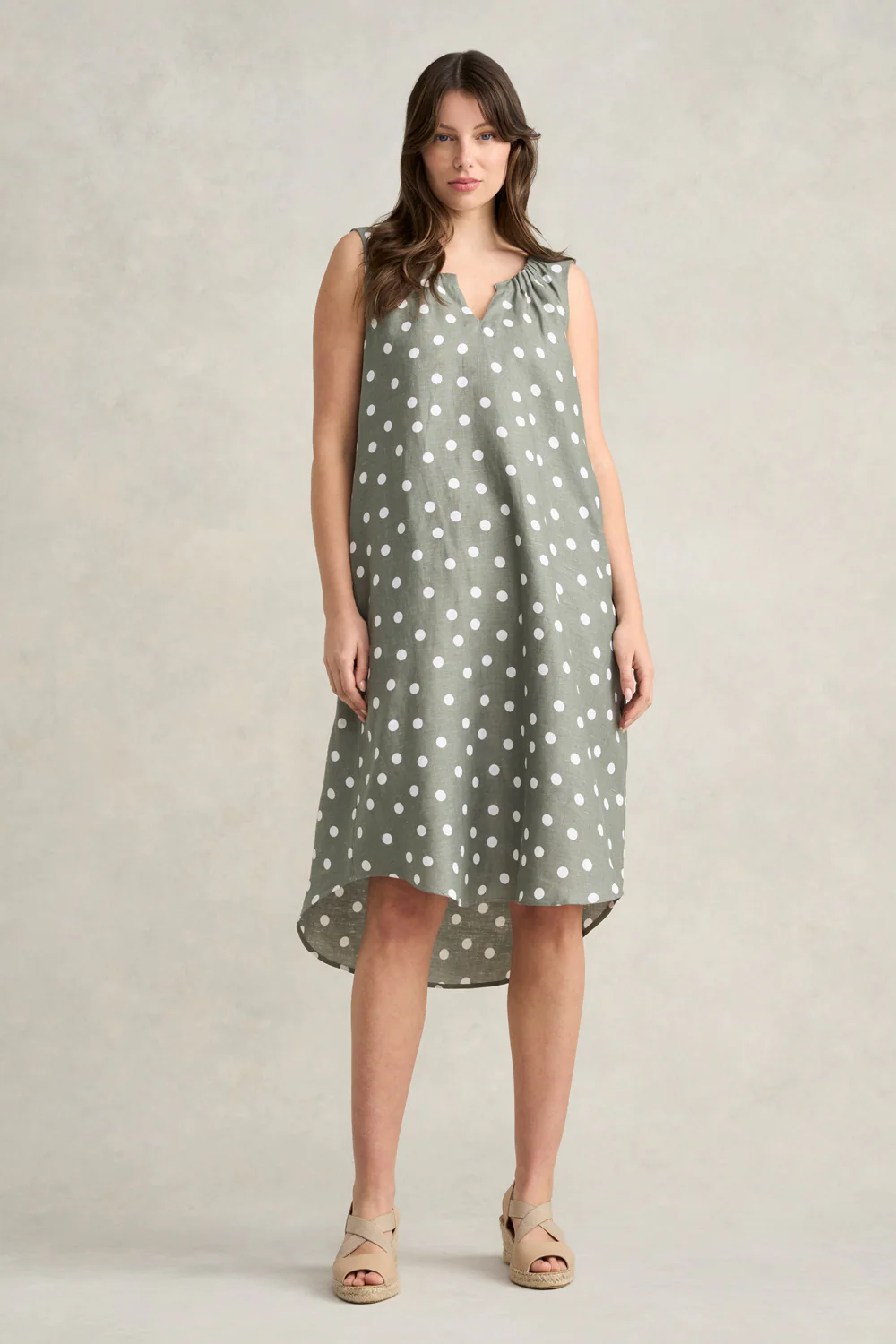 Gathered French Linen Dress - Olive Polka Dot - Skullriy