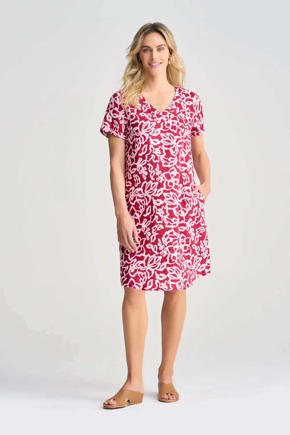 V-Neck Linen Dress - Pink & White Floral - Skullriy