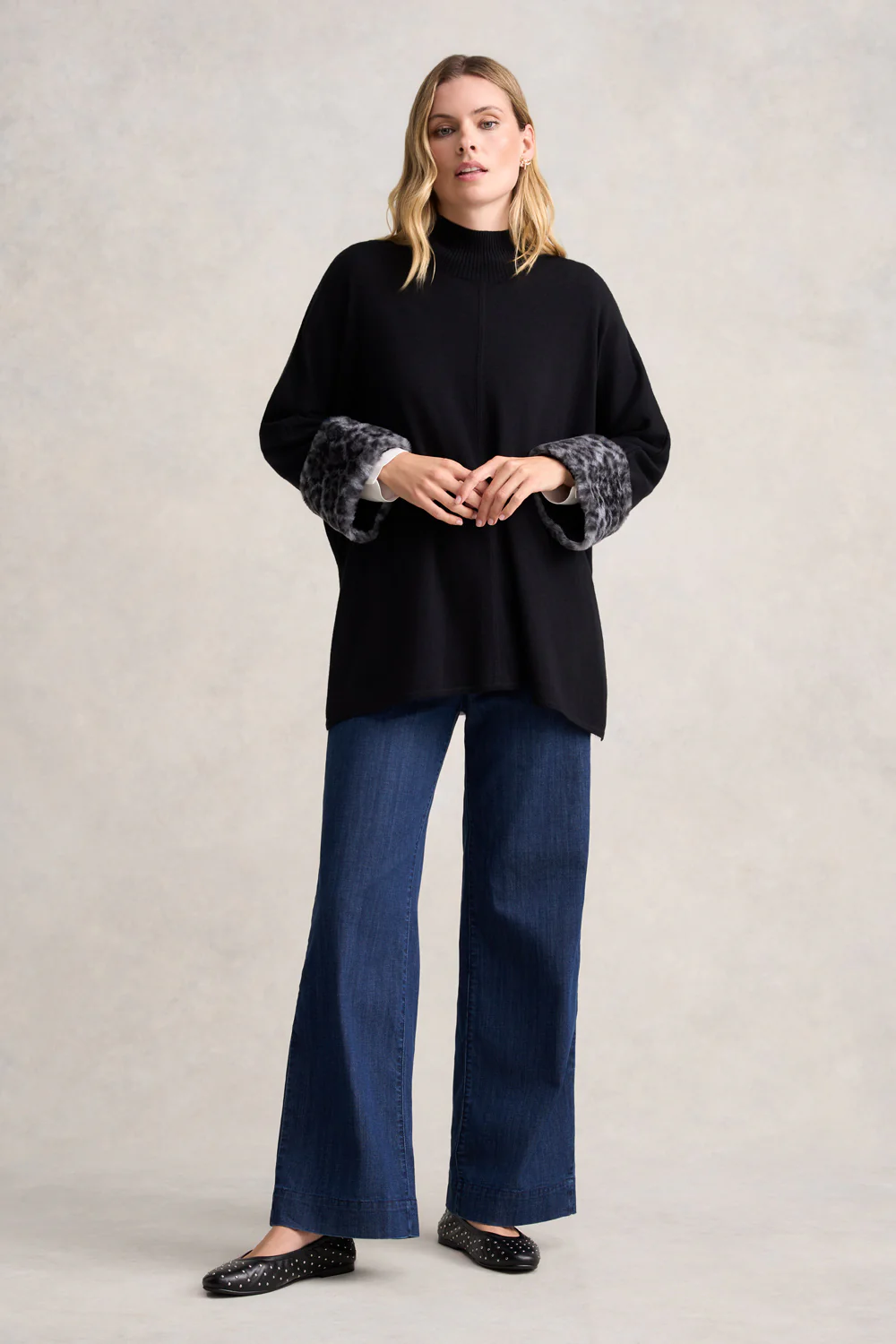 Leopard Faux Fur Trim Poncho - Black Leopard - Skullriy