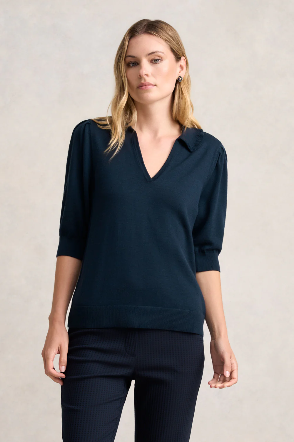 Half Sleeve Collared Wool Knit - Ink - Skullriy