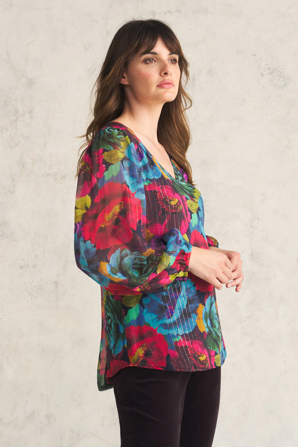 Printed Lurex Stripe Blouse - Oversized Floral - Skullriy