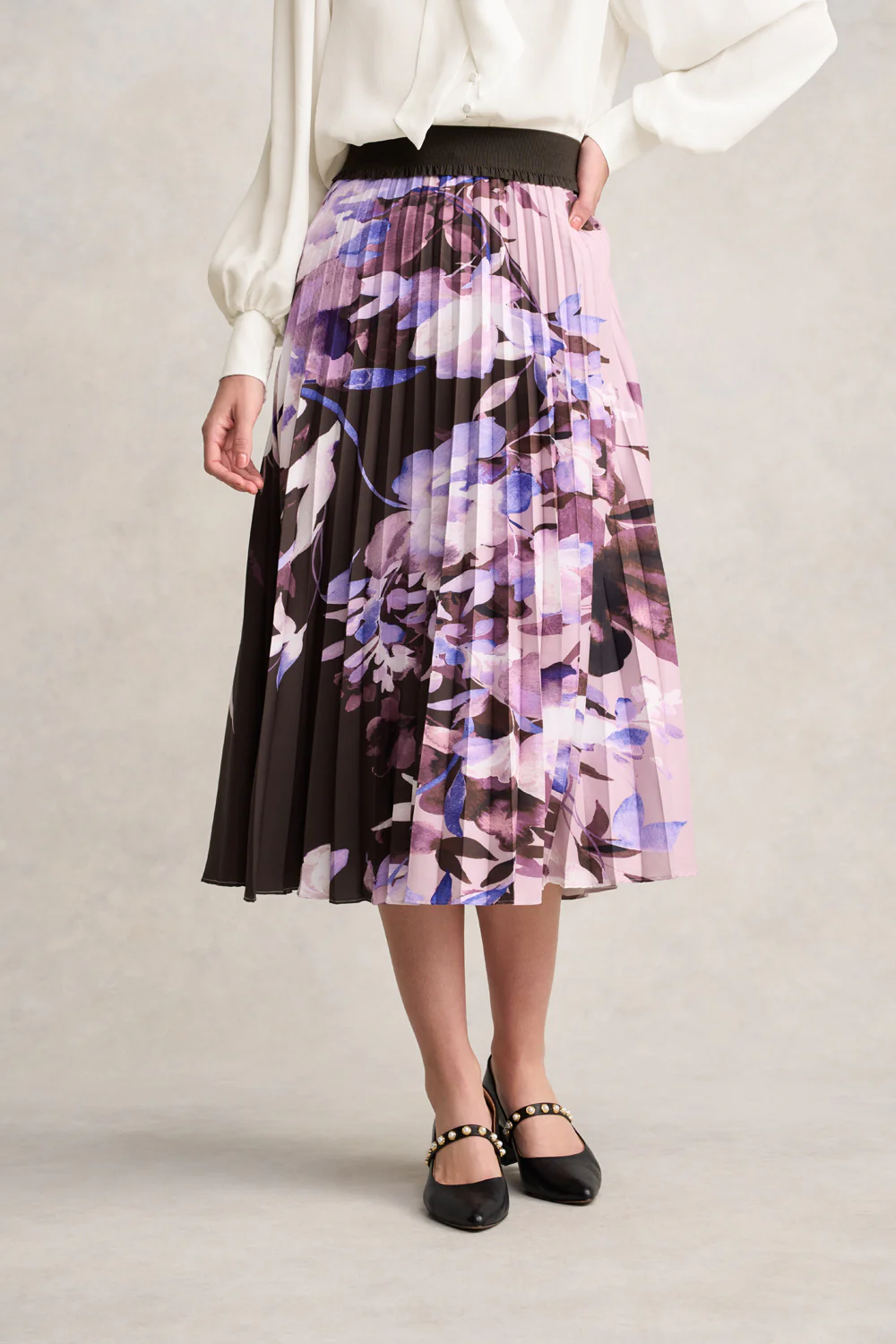 Pleated Midi Skirt - Floral Print - Skullriy
