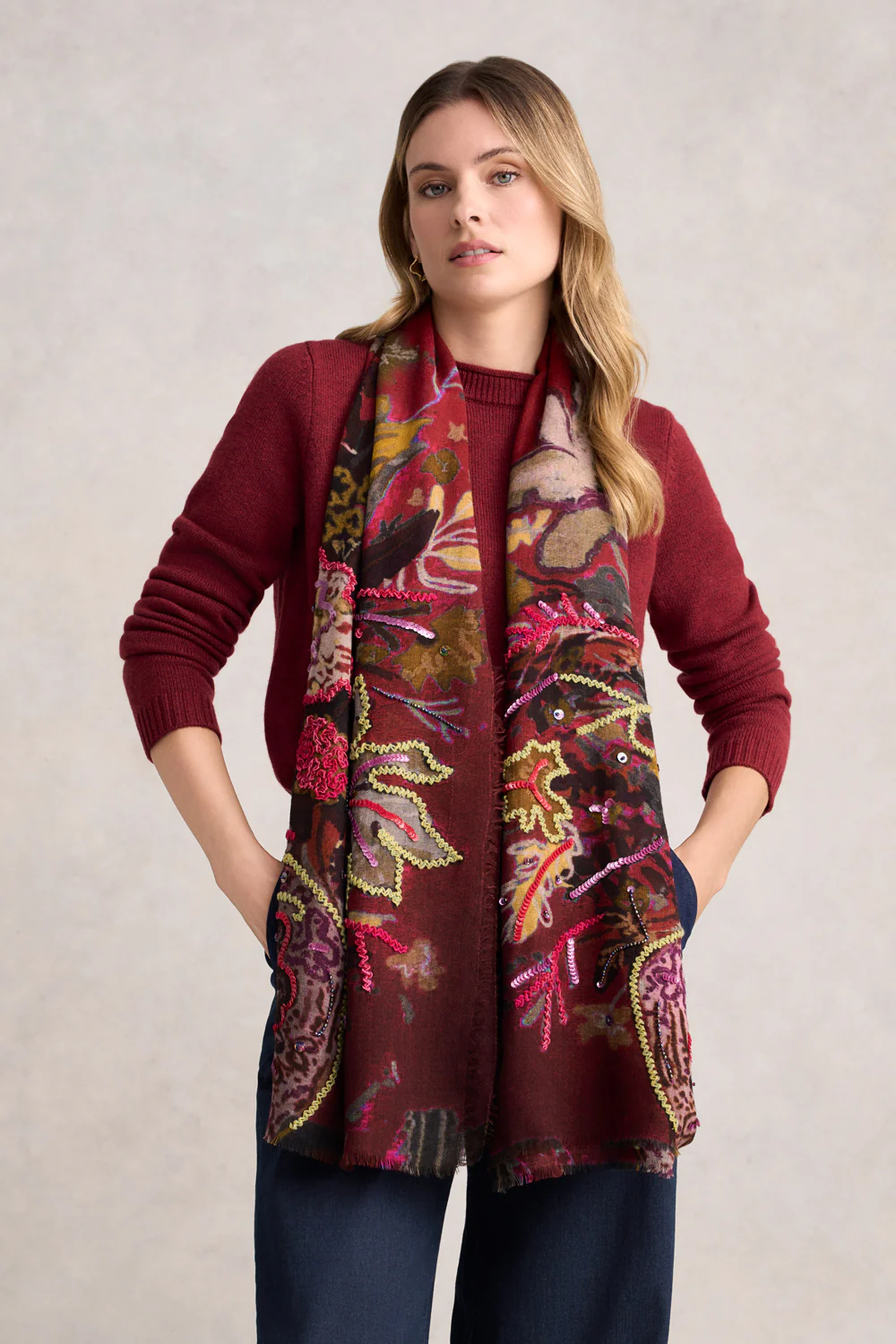 Merlot Embellished Wool Scarf - Skullriy
