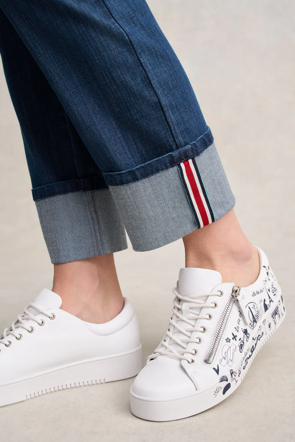 French Print Sneaker - White & Navy - Skullriy