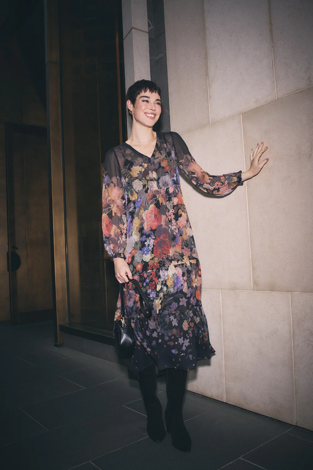 Georgette Print Dress - Midnight Floral - Skullriy