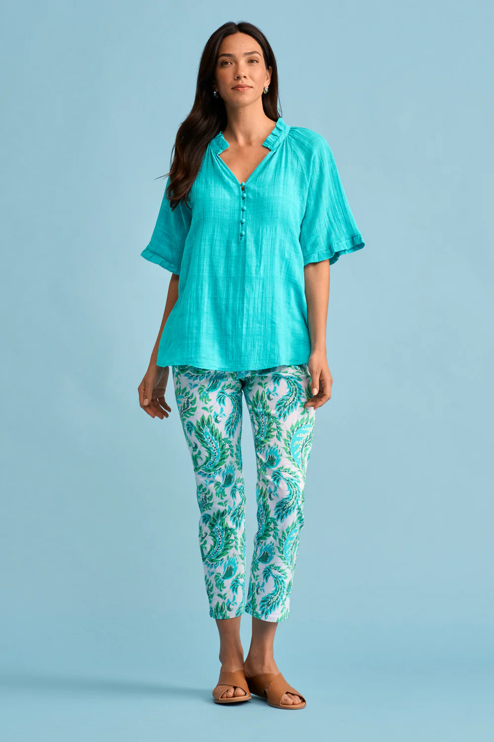 Textured Cotton Blouse - Turquoise - Skullriy