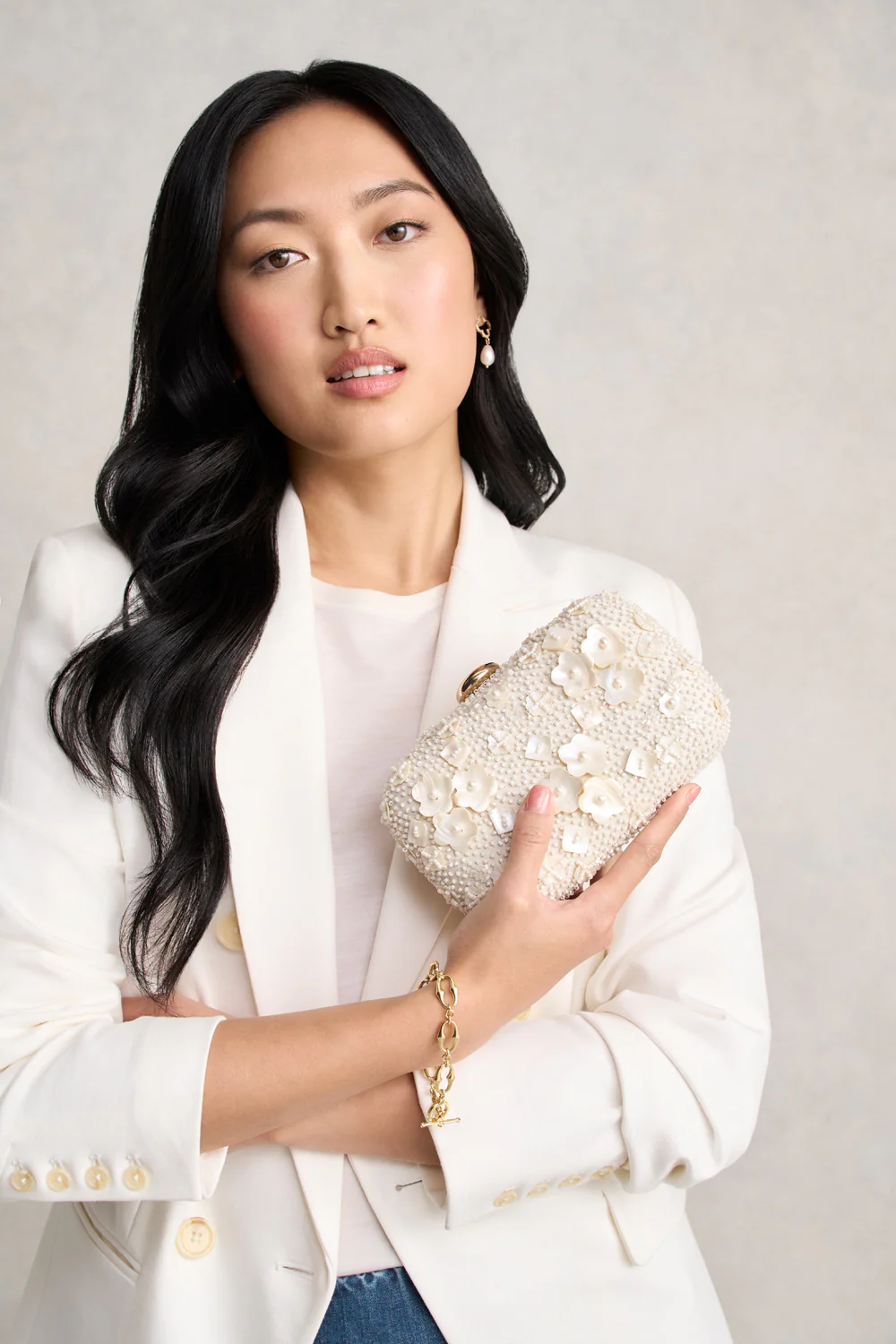 Floral Shell Beaded Clutch - Cream - Skullriy