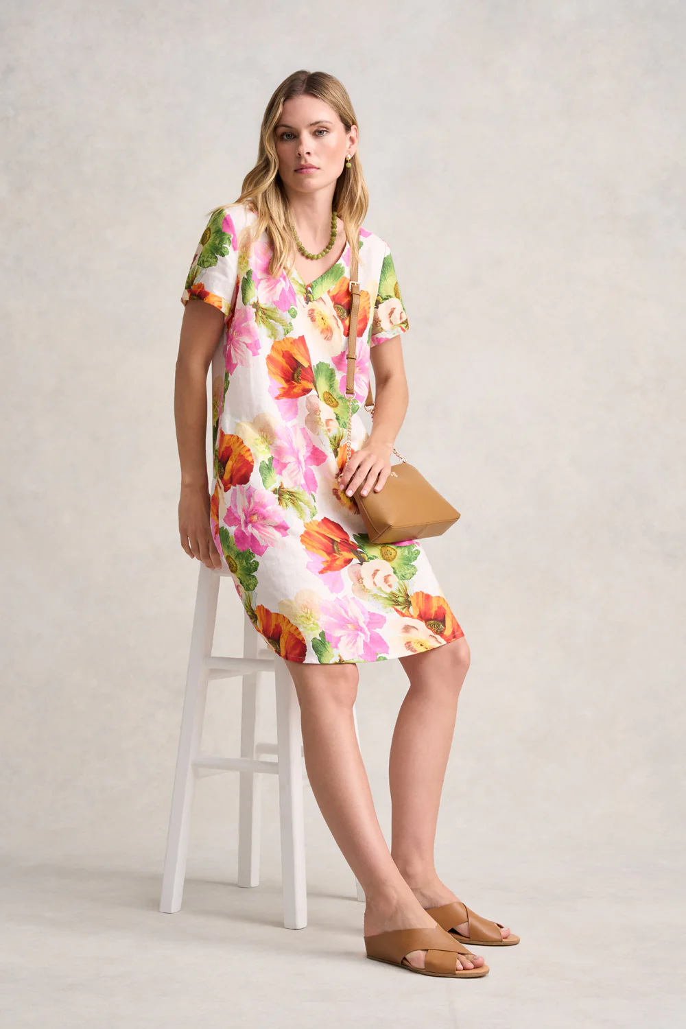 V-Neck Linen Dress - Multi Floral - Skullriy