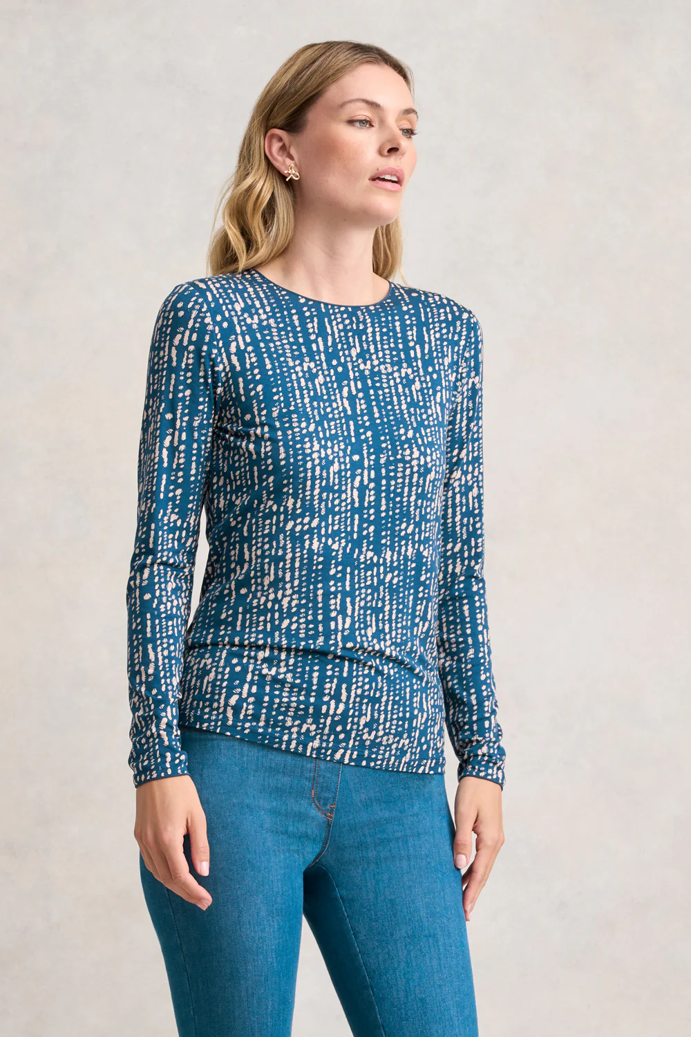 Long Sleeve Crew Neck Top - Linear Dot Print - Skullriy