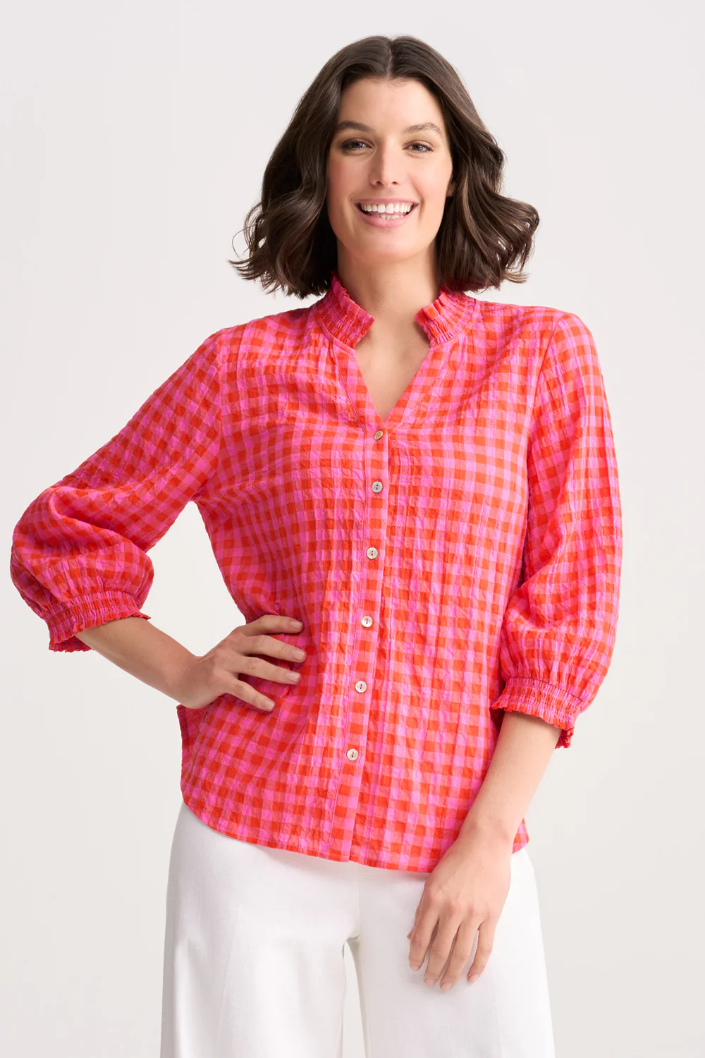 Cotton Crinkle Shirt - Pink & Orange Gingham - Skullriy