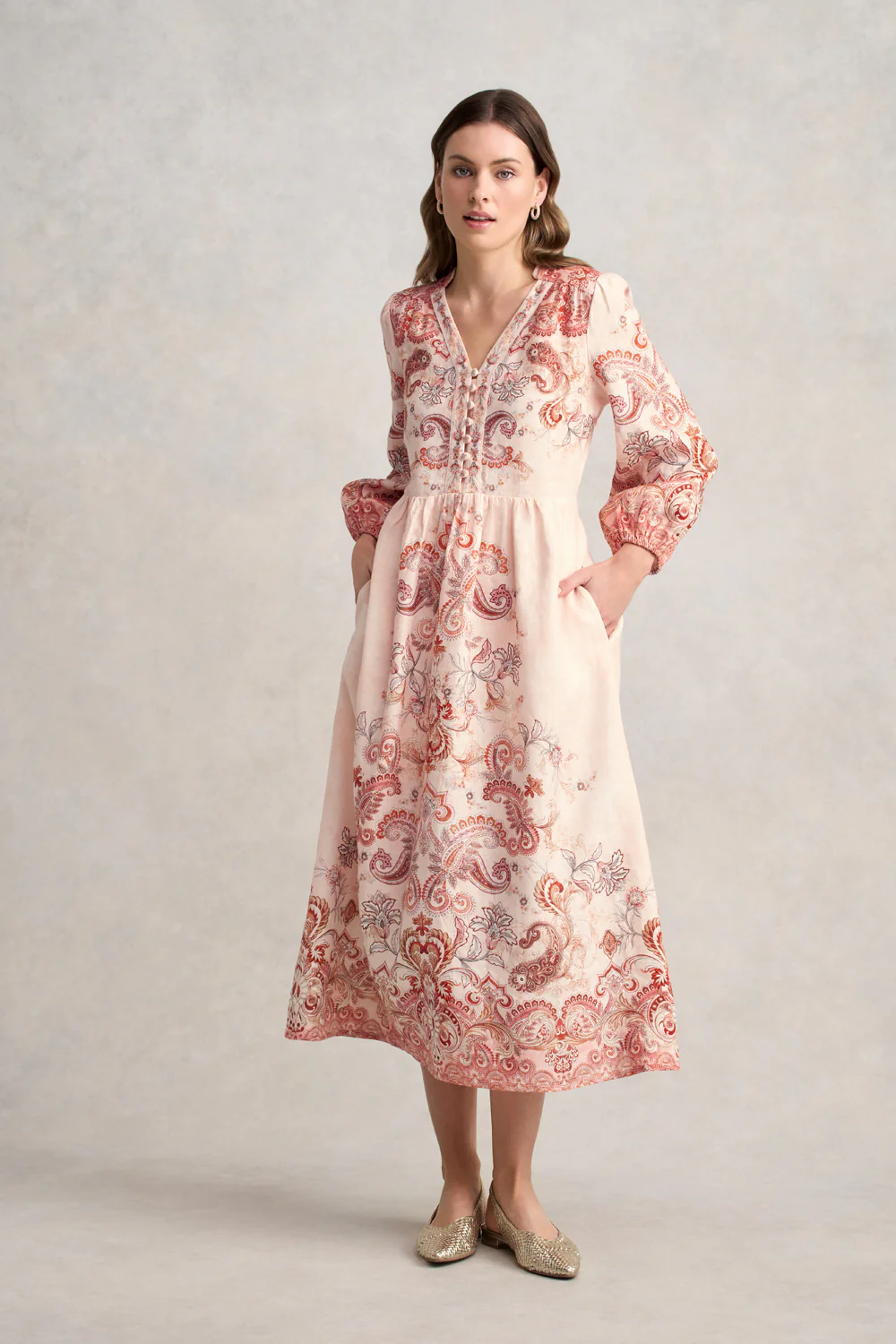 Printed French Linen Dress  C Peach Paisley Print - Skullriy