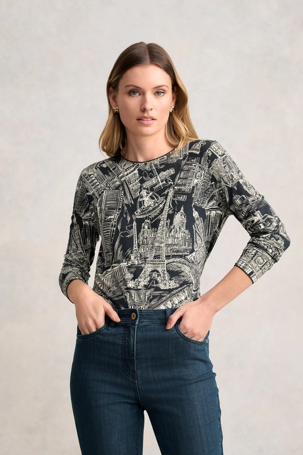 Long Sleeve Crew Neck Top - Ink France Capital Print - Skullriy