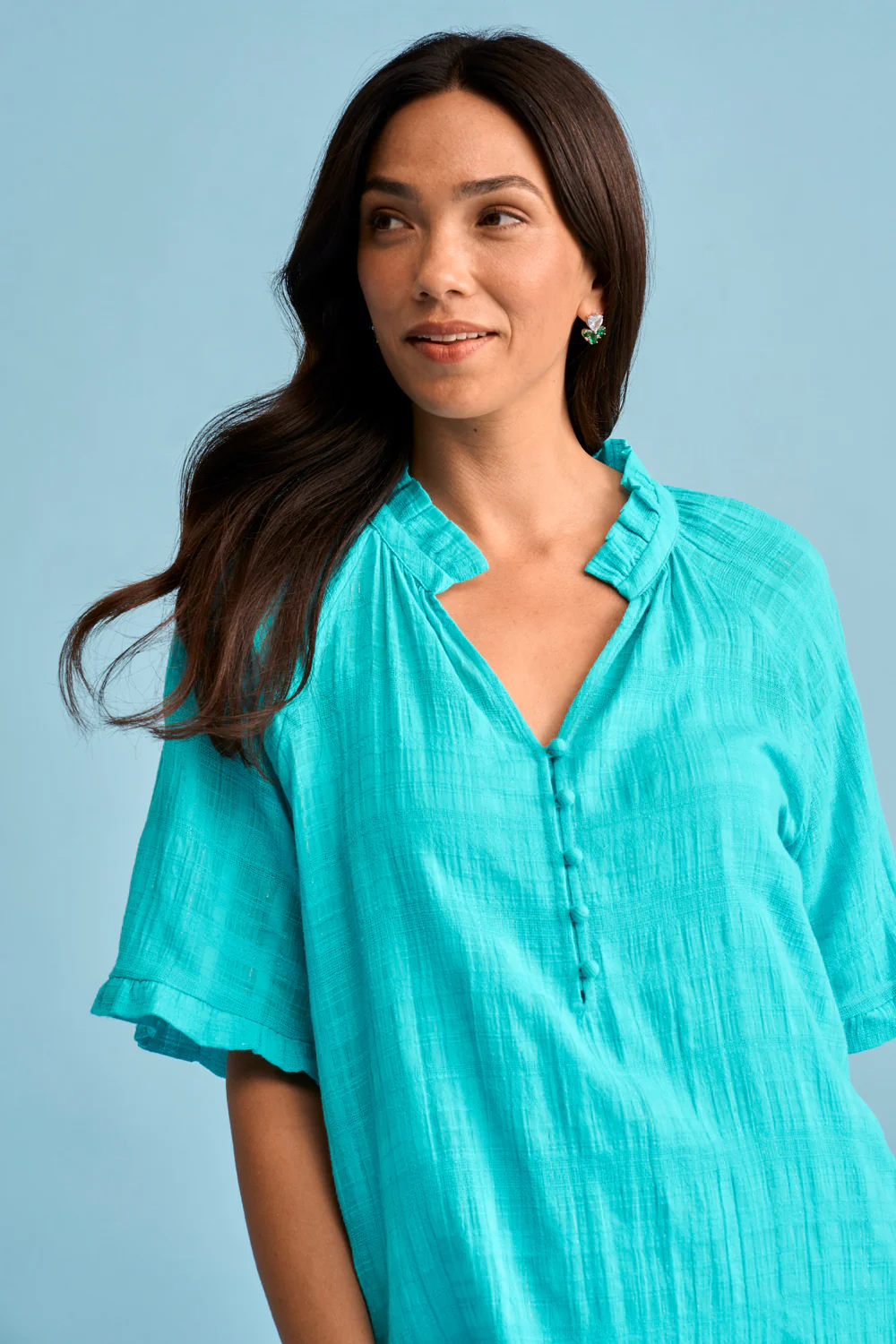 Textured Cotton Blouse - Turquoise - Skullriy