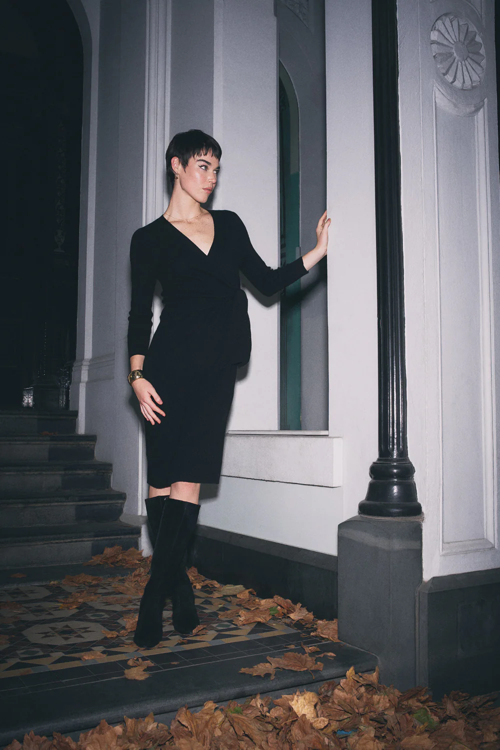 Wrap Detail Knit Dress - Black - Skullriy