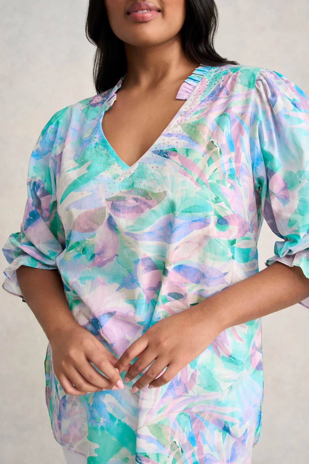 Embellished Cotton Kaftan - Watercolour Palm - Skullriy