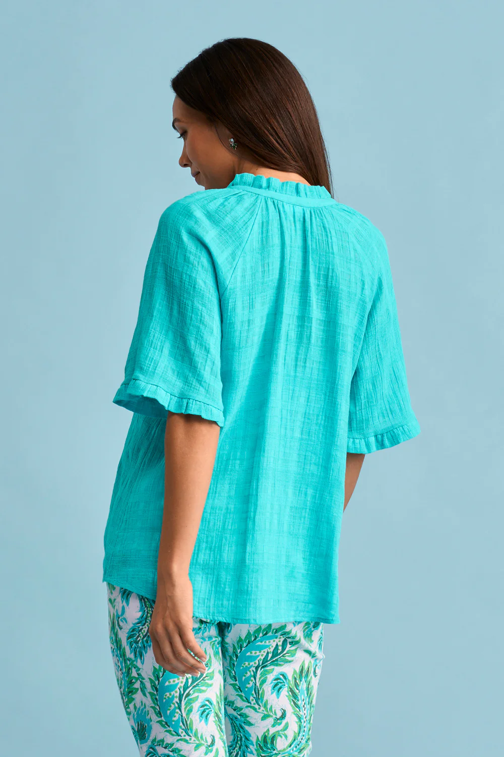 Textured Cotton Blouse - Turquoise - Skullriy