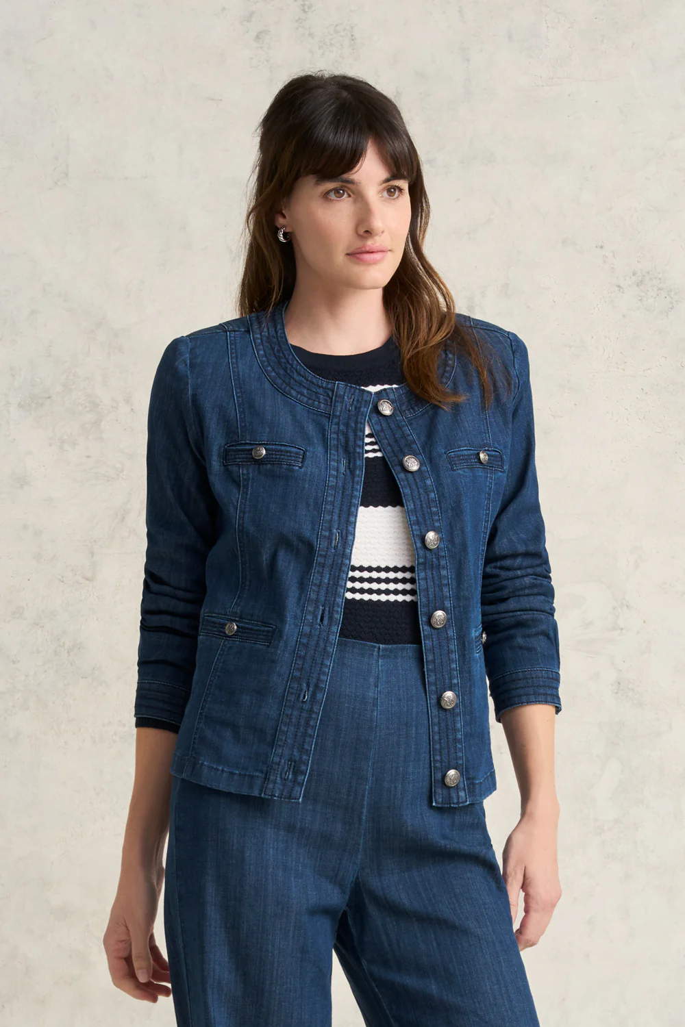 Stitch Detail Denim Jacket - Mid Blue Denim - Skullriy