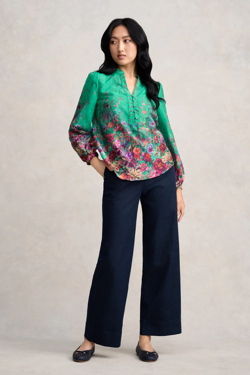 Cotton Silk Blouse - Jade Botanical Print - Skullriy