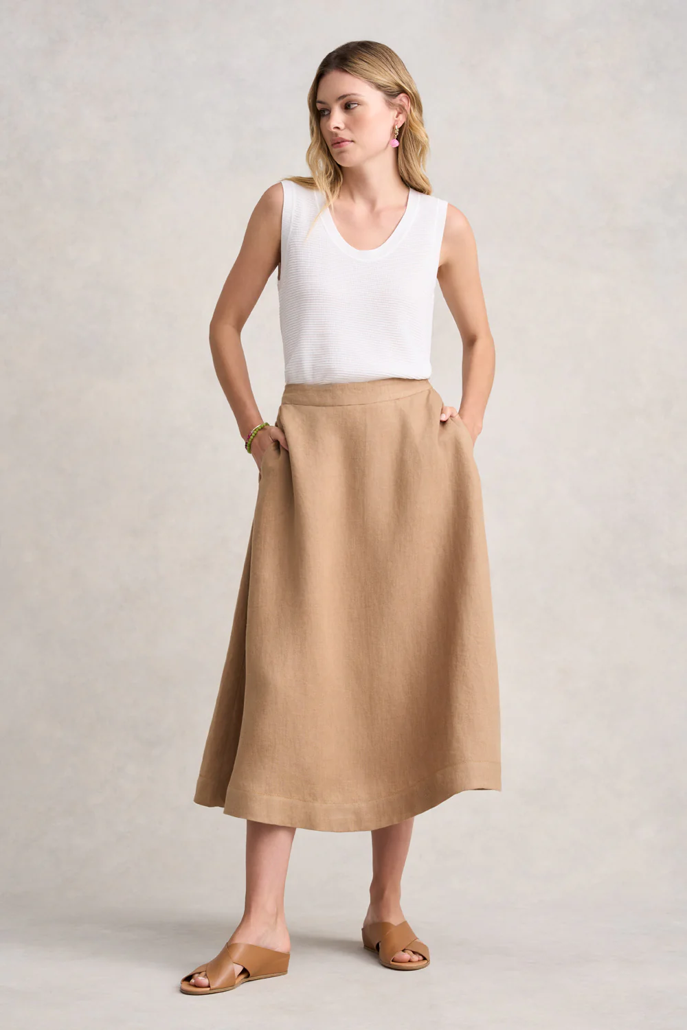 Twill Linen Midi Skirt - Camel Twill - Skullriy