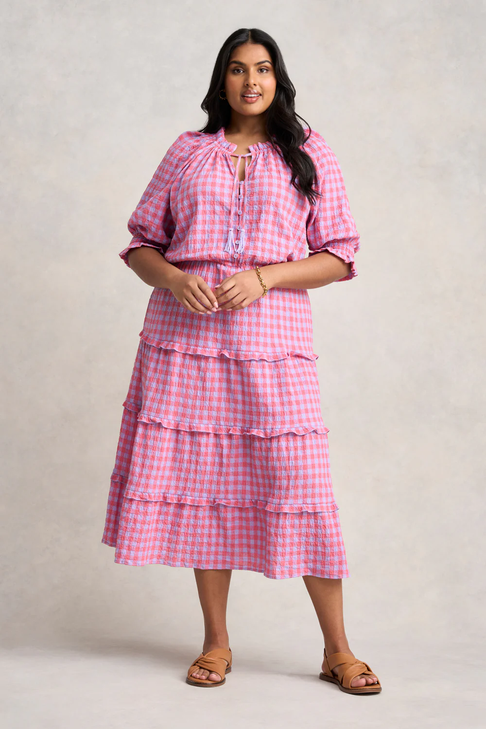 Cotton Gingham Tiered Dress - Lilac & Coral Gingham - Skullriy